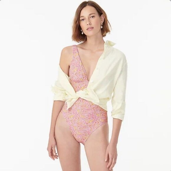 J. Crew Eco Plunge V-Neck One-Piece Swimsuit in Beach Paisley - Picture 3 of 9